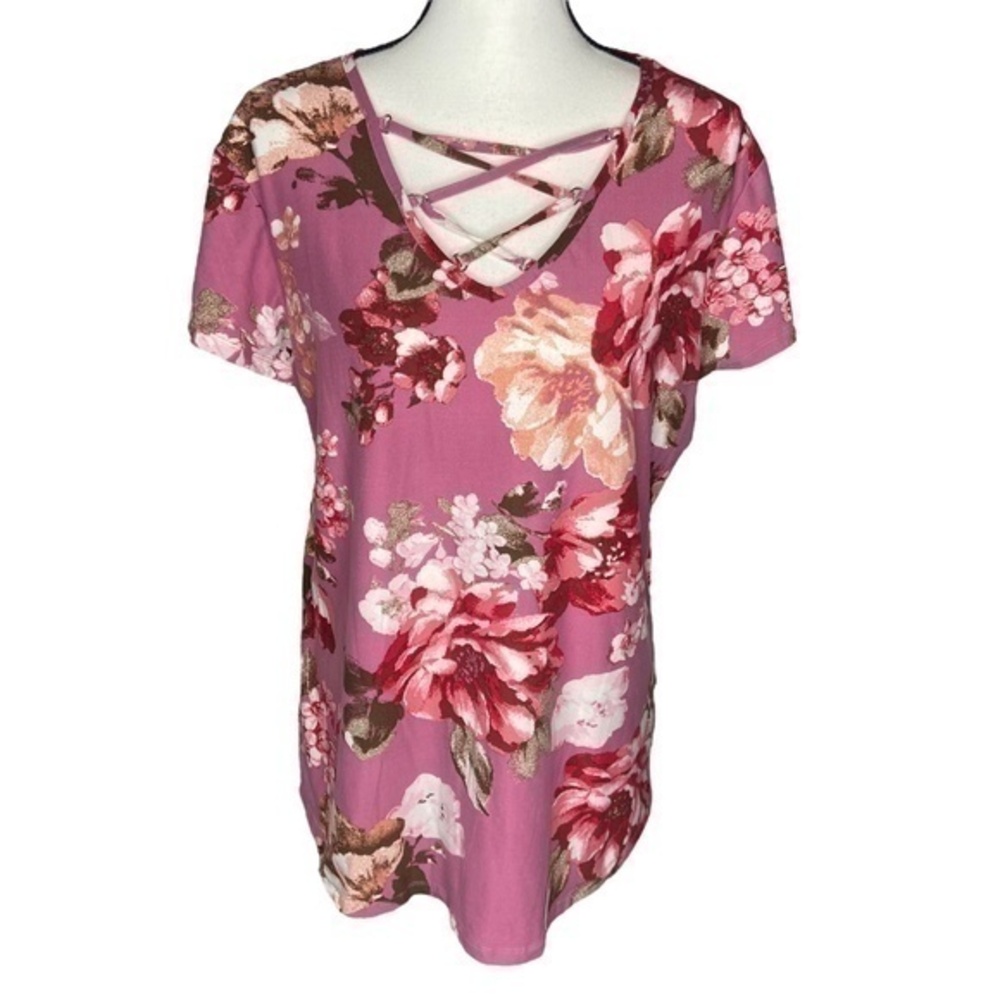 No Boundaries Pink Floral Top Print Criss Cross Chest Detail Short Sleeve Top
